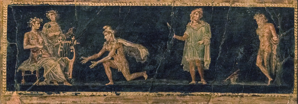Musiktävlingen mellan Apollo och Marsyas, 1:a århundradet f.Kr. AD. av Roman Pompeian wall painting.
