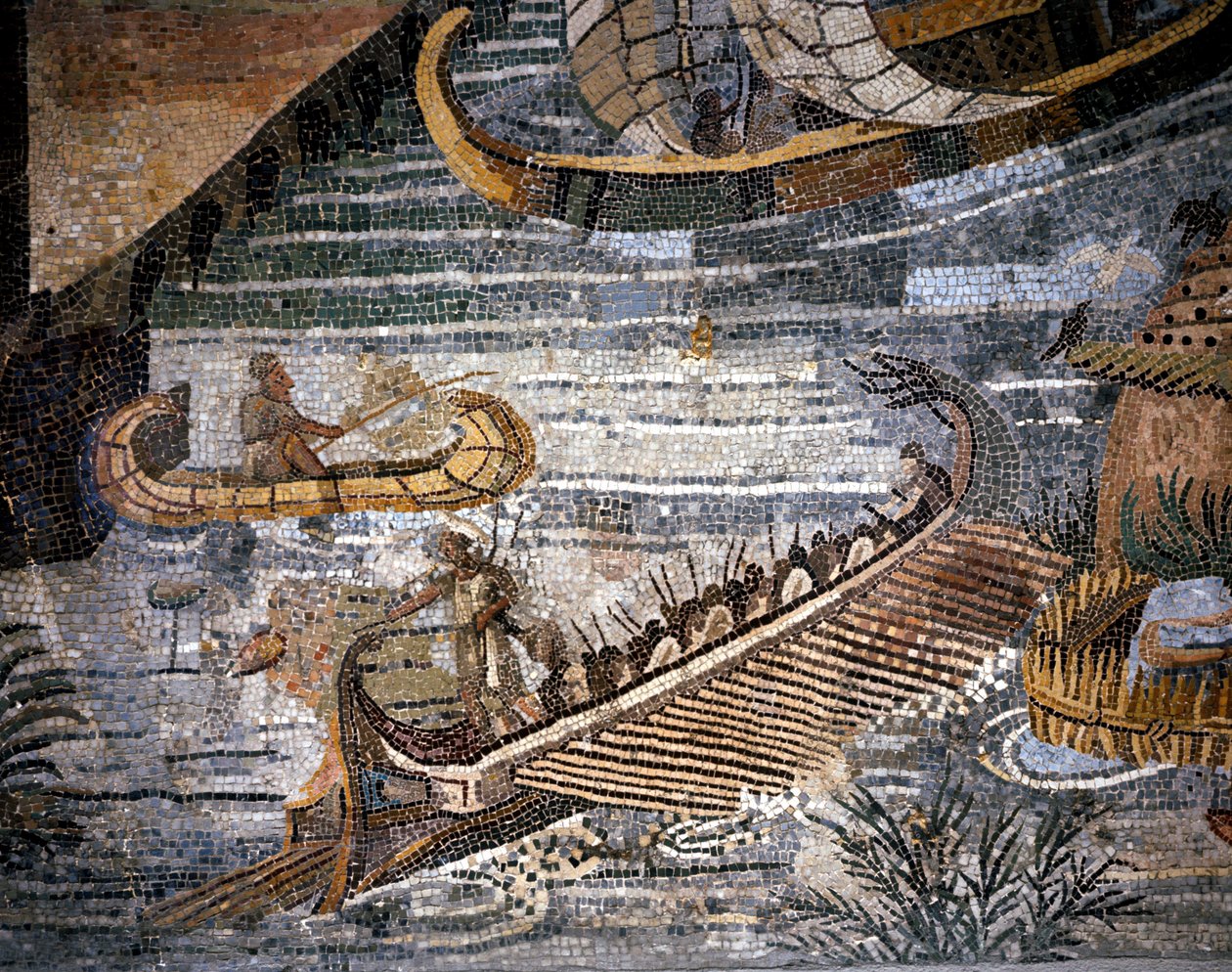 En romersk bireme (en sorts galere har två rader) Detalj av en mosaik i Palestrina. av Roman Roman