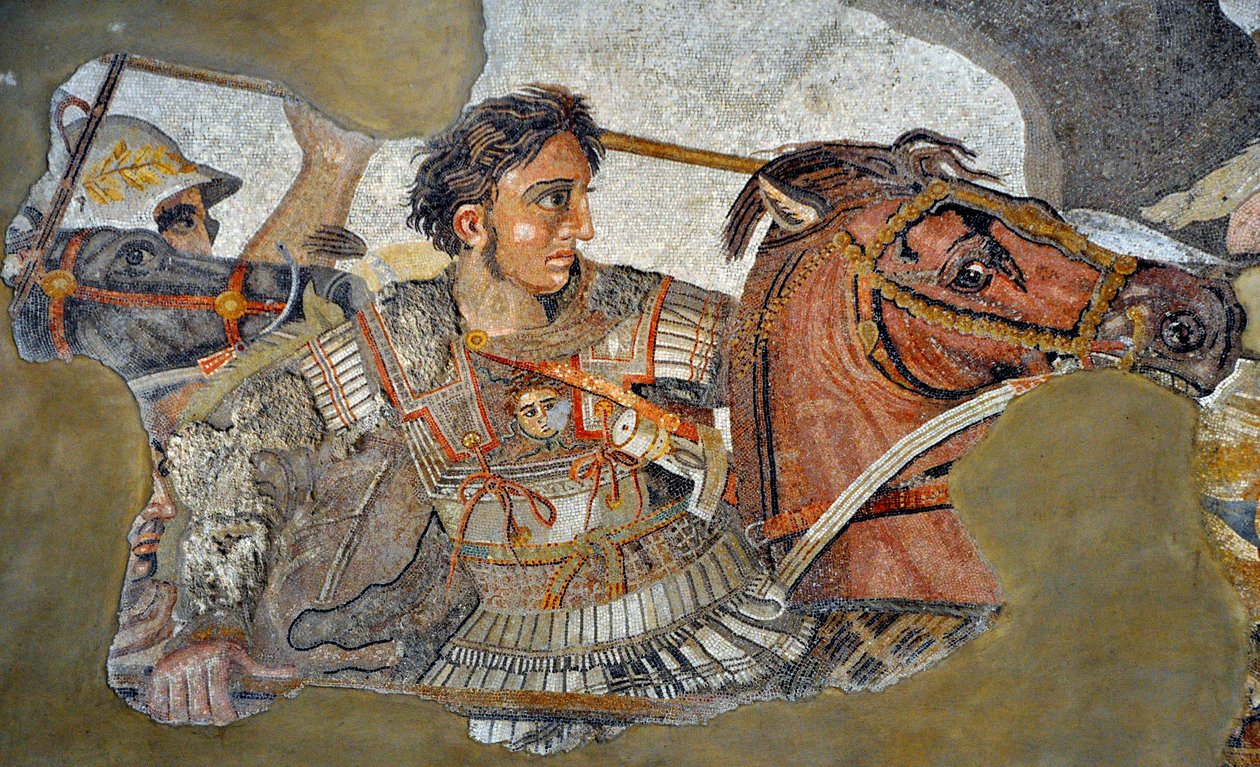Alexander den store (356 - 323 f.Kr.) på sin häst Bucephale - detalj av en mosaik av Pompeji: Slaget vid Issos mellan Alexander och Darius (300-talet f.Kr.). - opus vermiculatum - Musee Archeologique de Neapel, Italien - Museo Archeologico Nazionale, Napol av Roman Roman
