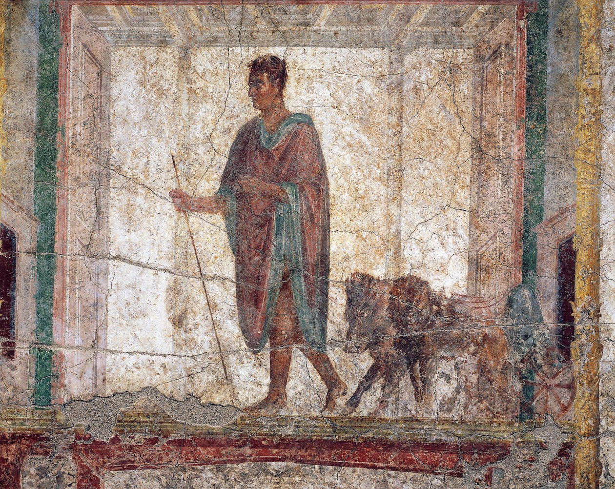 Antik romersk fresk A.D.metus med vildsvin och lejon som spänts för en vagn av Roman Roman