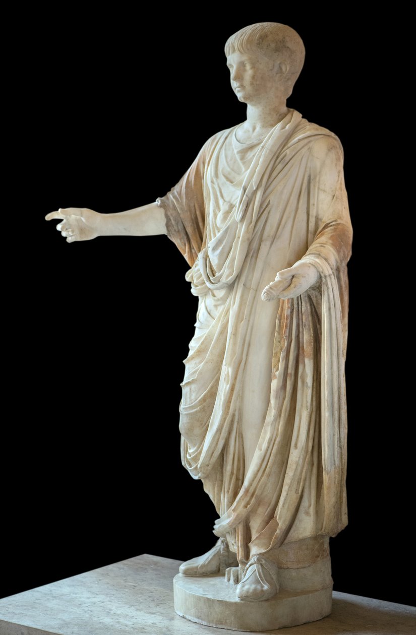 Art Rome Child klädd i toga och bär bubblan (bulla), huvudet är Nero-barnets huvud av Roman Roman