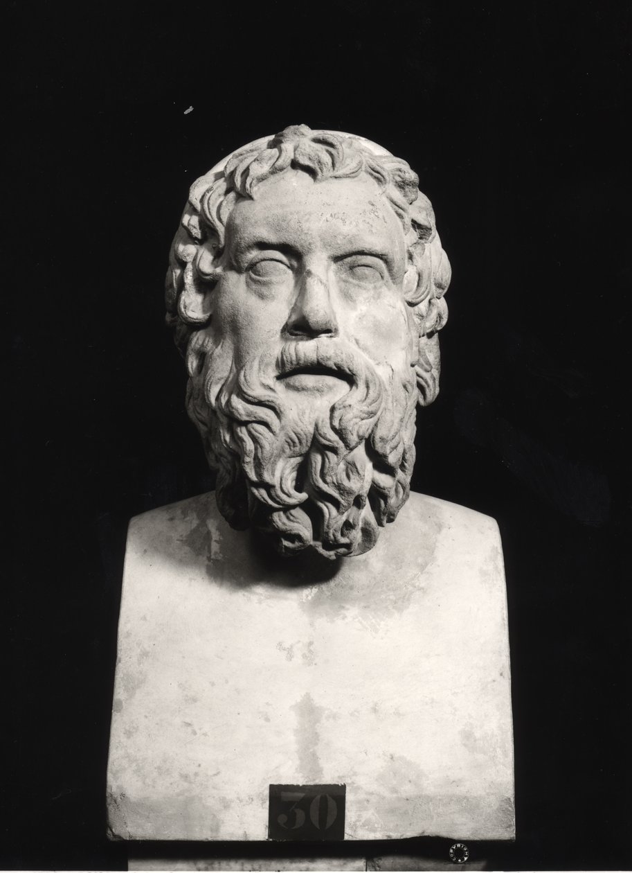 Byst av Aristofanes (c.445-c.385 f.Kr.) (marmor) (s/v foto) av Roman Roman