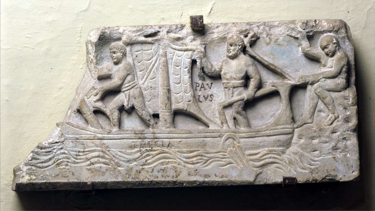Omslag av en sarkofag med en symbolisk representation av ett skepp som heter Thecla: Saint Paul håller i rodret och manövrerar seglet. av Roman Roman