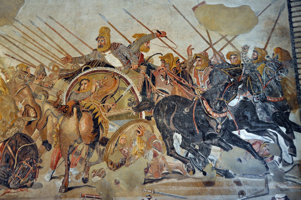 Detalj av en mosaik från Pompei: Slaget vid Issos mellan Alexander och Darius (400-talet f.Kr.). - Kung Darius III Kodoman (380-330 f.Kr.), desempare på sin vagn - opus vermiculatum - Arkeologiska museet i Neapel, Italien - Museo Archeologico Nazionale, Na av Roman Roman