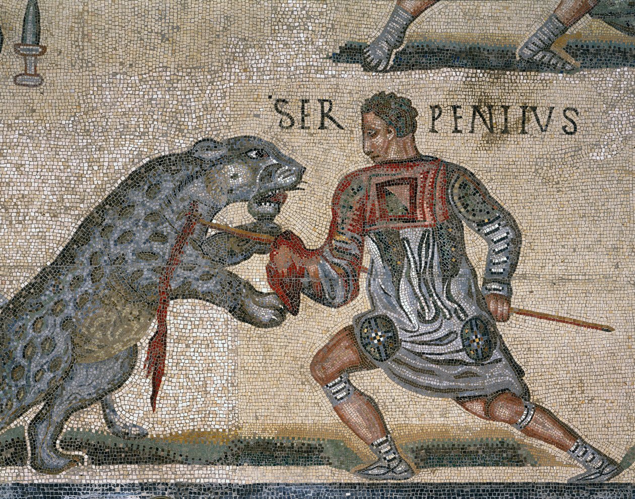 Detalj av en mosaik av en gladiatorkamp, ursprungligen från Torre Nuova av Roman Roman