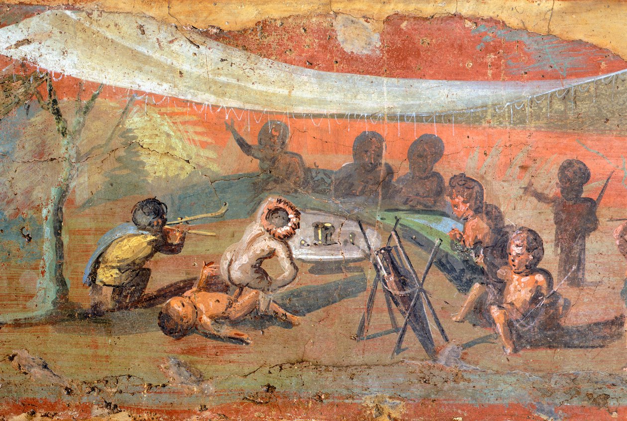 Detalj av en målning som föreställer en scen på gips längs Nilen med pygméer, 56x217 cm, från Pompeji, UNESCO:s världsarvslista av Roman Roman
