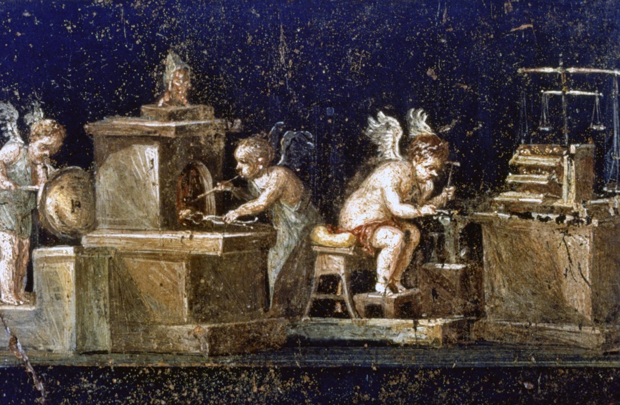 Utgrävningar i Pompeji: Väggmålning från Vettis hus som visar amoriner som guldsmeder, avslöjad under utgrävningarna. Pompeji förstördes av Vesuvius utbrott år 79 e.Kr. av Roman Roman