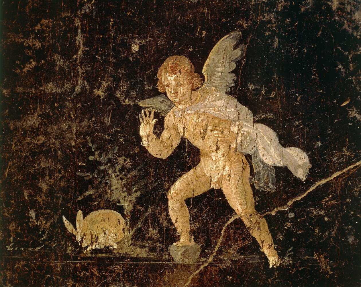 Fresk föreställande Amor som jagar en hare från Pompeji, Neapelprovinsen, Italien, romersk civilisation av Roman Roman