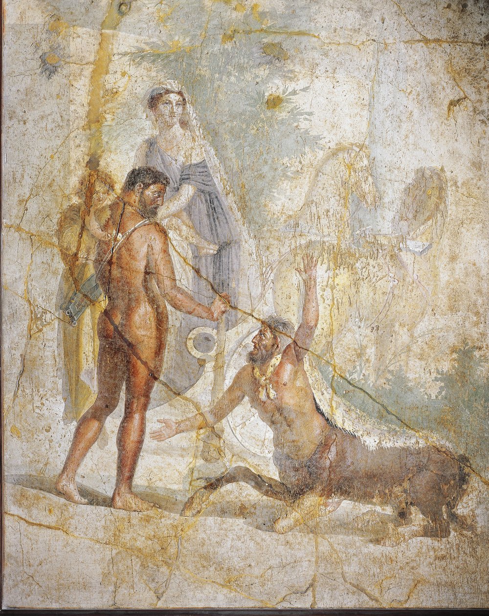 Fresk föreställande Hercules, Deianira och Hyllus som korsar floden Evenus från Pompei, Italien av Roman Roman