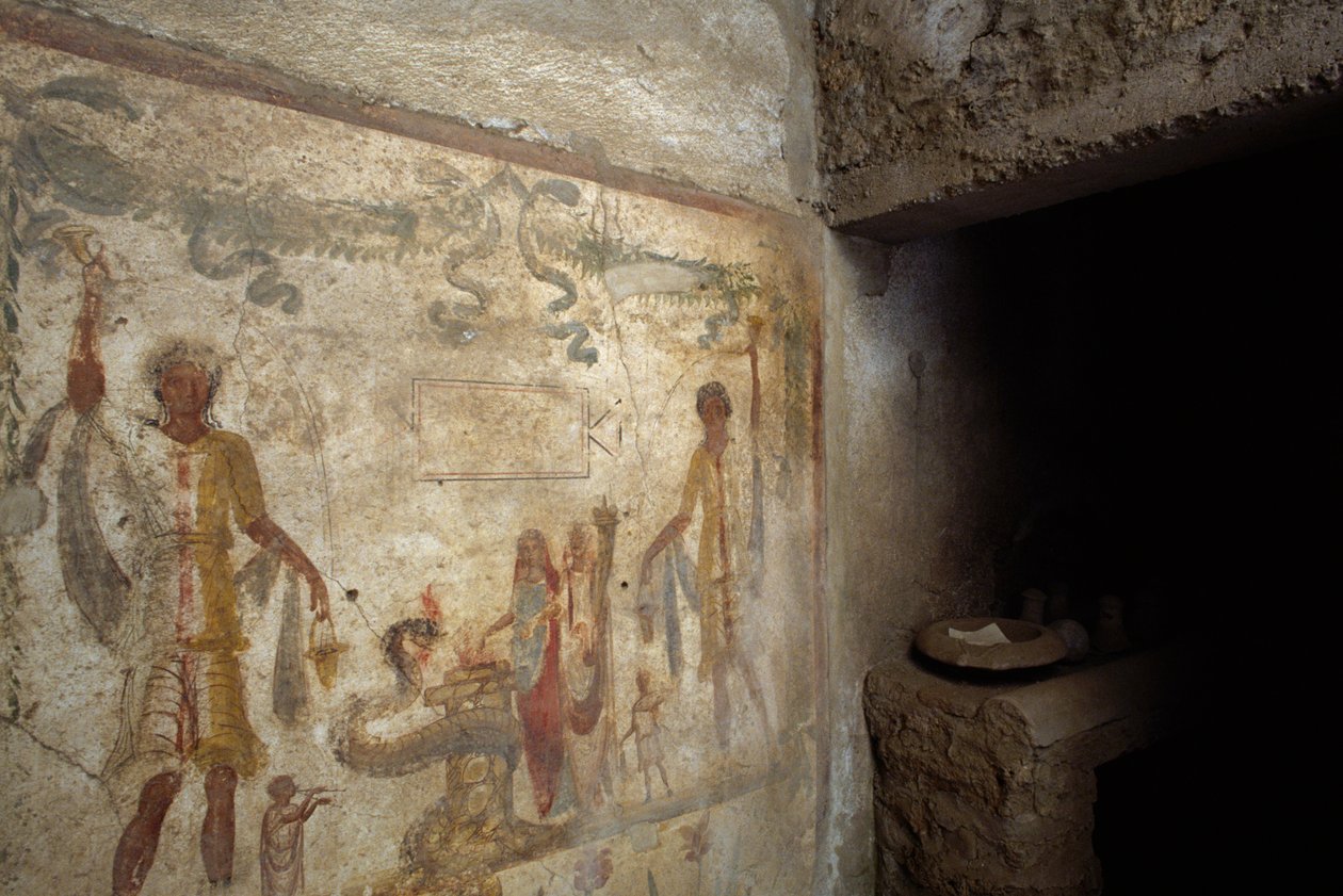 Fresk föreställande Lararium nära ingången till köket, House of Caius Julius Polybius, Pompeji (UNESCOs världsarvslista av Roman Roman