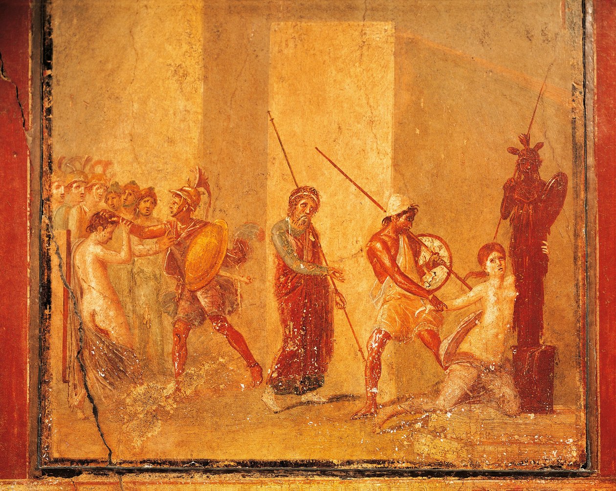 Fresk som visar mötet mellan Priam, Menelaos och Helen i det kungliga palatset, Pompeji, Kampanien, romersk civilisation av Roman Roman