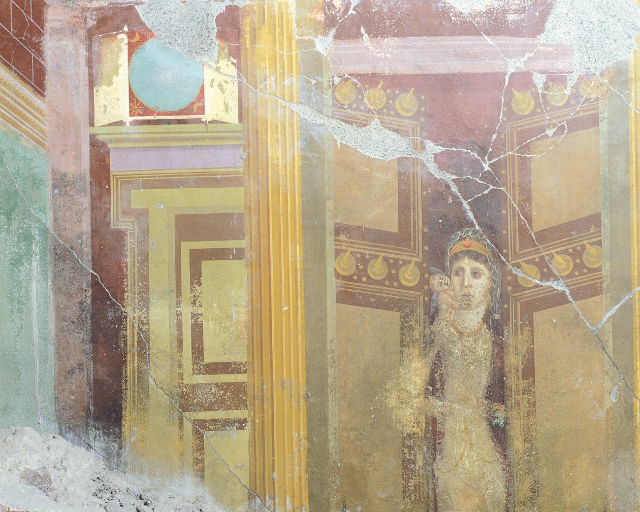 Fresk som föreställer faux arkitektonisk dekoration och figur av kvinna, från House of Fabius Rufus, Pompeji, Kampanien, romersk civilisation av Roman Roman