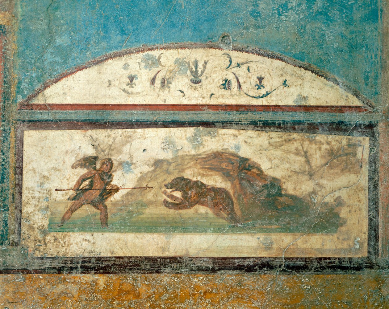Fresk som visar jaktscen, från House of Ancient Hunt, Pompeji, Kampanien, romersk civilisation av Roman Roman