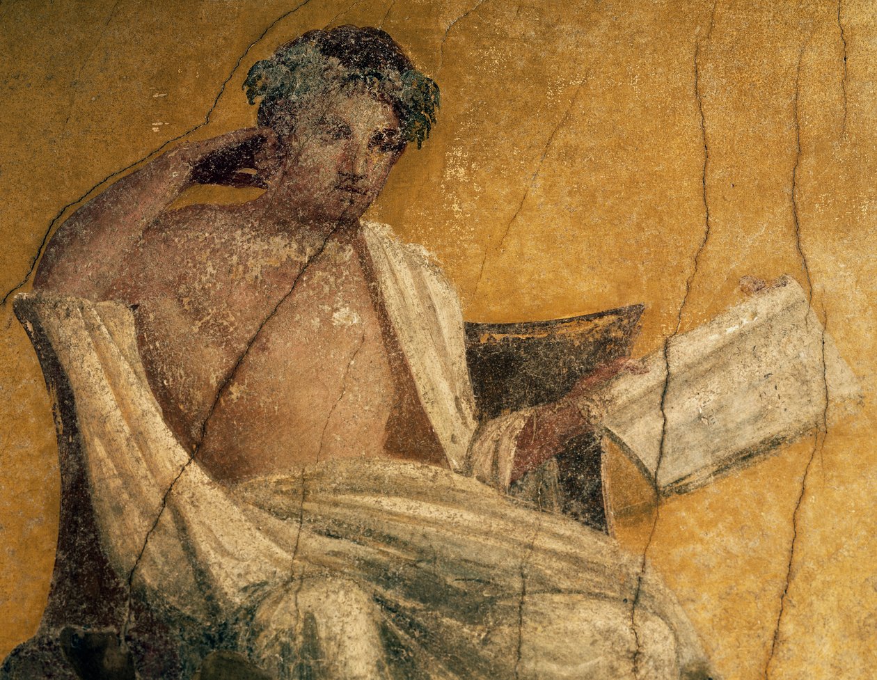 Grekisk dramatiker Menander, detalj från fresk, peristyl av House of Menander, Pompeji, Kampanien, Italien, romersk civilisation av Roman Roman