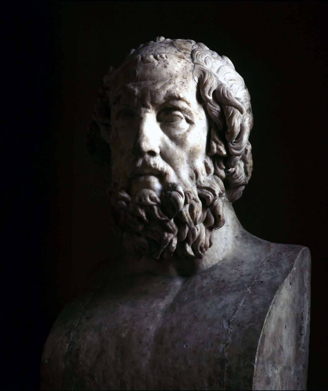 Imaginärt porträtt av den blinde Homer. Reproduktion av den hellenistiska perioden av en byst från 200-talet f.Kr. Musée du Louvre Paris av Roman Roman