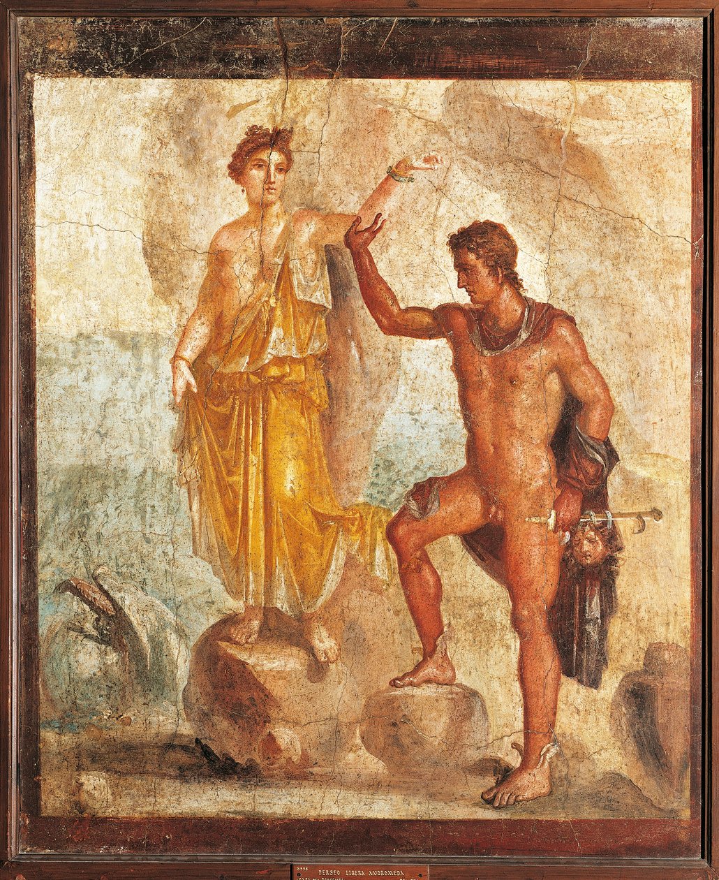 Italien, Kampanien, Pompeji, Perseus befriar Andromeda från de fem skeletternas hus, fresk av Roman Roman