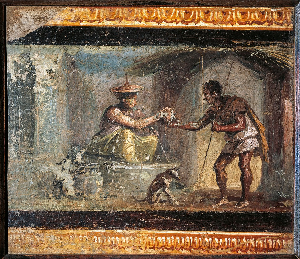 Italien, Kampanien, Pompeji, Resenären och magikern från Dioscurihuset, fresk av Roman Roman