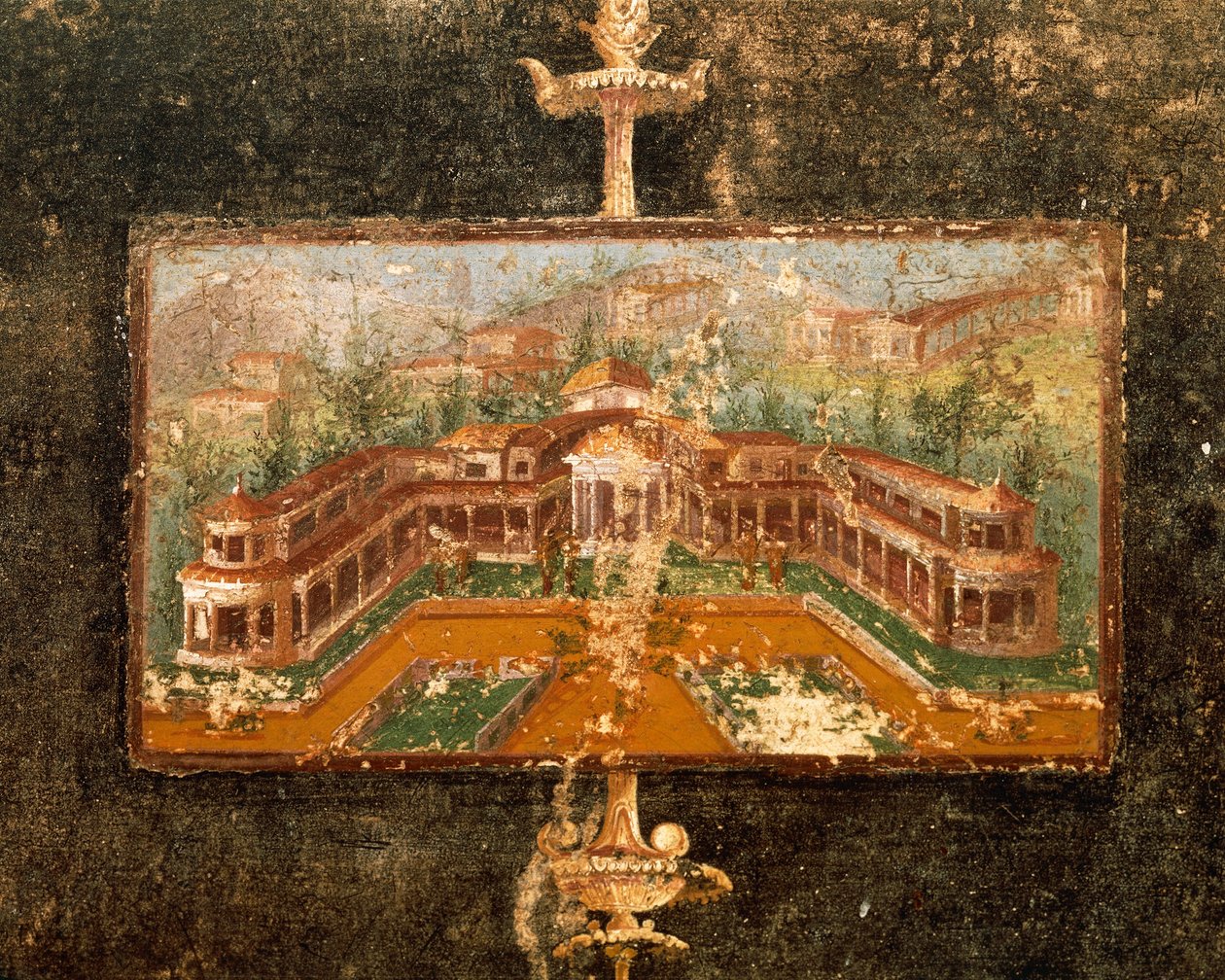 Landskap och arkitektur i väggmålning i tablinum, 3:e Pompeiansk stil, Marco Lucrezio Frontos hus, från Pompeji, Kampanien, Italien av Roman Roman