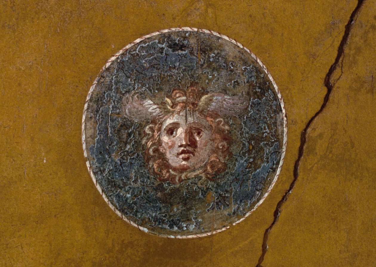 Medaljong med Gorgons huvud, högra flygeln i House of Vettii, Pompeji (UNESCOs världsarvslista av Roman Roman