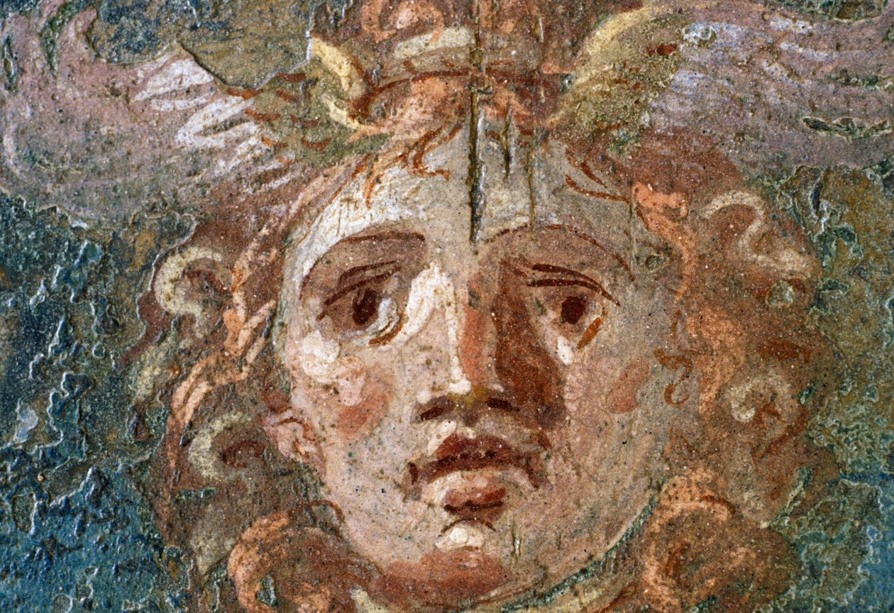 Medaljong med Gorgons huvud, högra flygeln i House of the Vettii, Pompeji (UNESCOs världsarvslista av Roman Roman