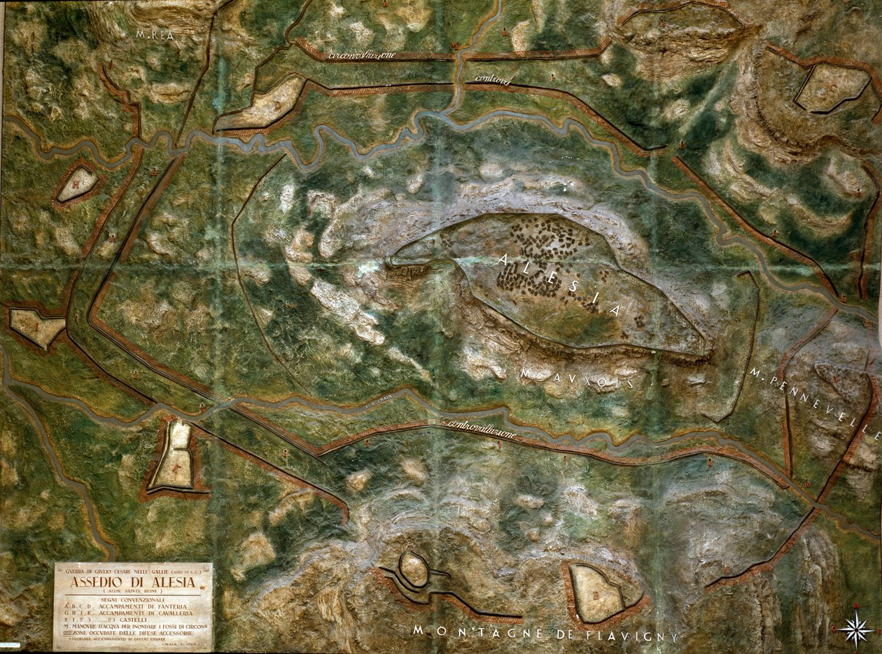 Modell som återger belägringen och slaget vid Alesia i september 52 f.Kr. av Jules Cesar som såg Vercingetorix nederlag. Skala 1/1000. Rom, Museo della Civilta Romana av Roman Roman