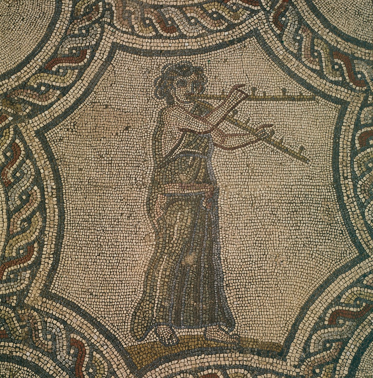 Mosaik föreställande kvinnlig flöjtist från House of Dionysus, i Volubilis, Marocko, romersk civilisation, av Roman Roman