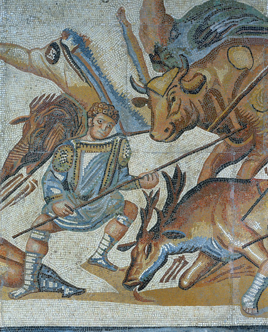 Mosaik som visar en scen av en vilddjursjakt, detalj av en gladiator som dödar ett djur av Roman Roman