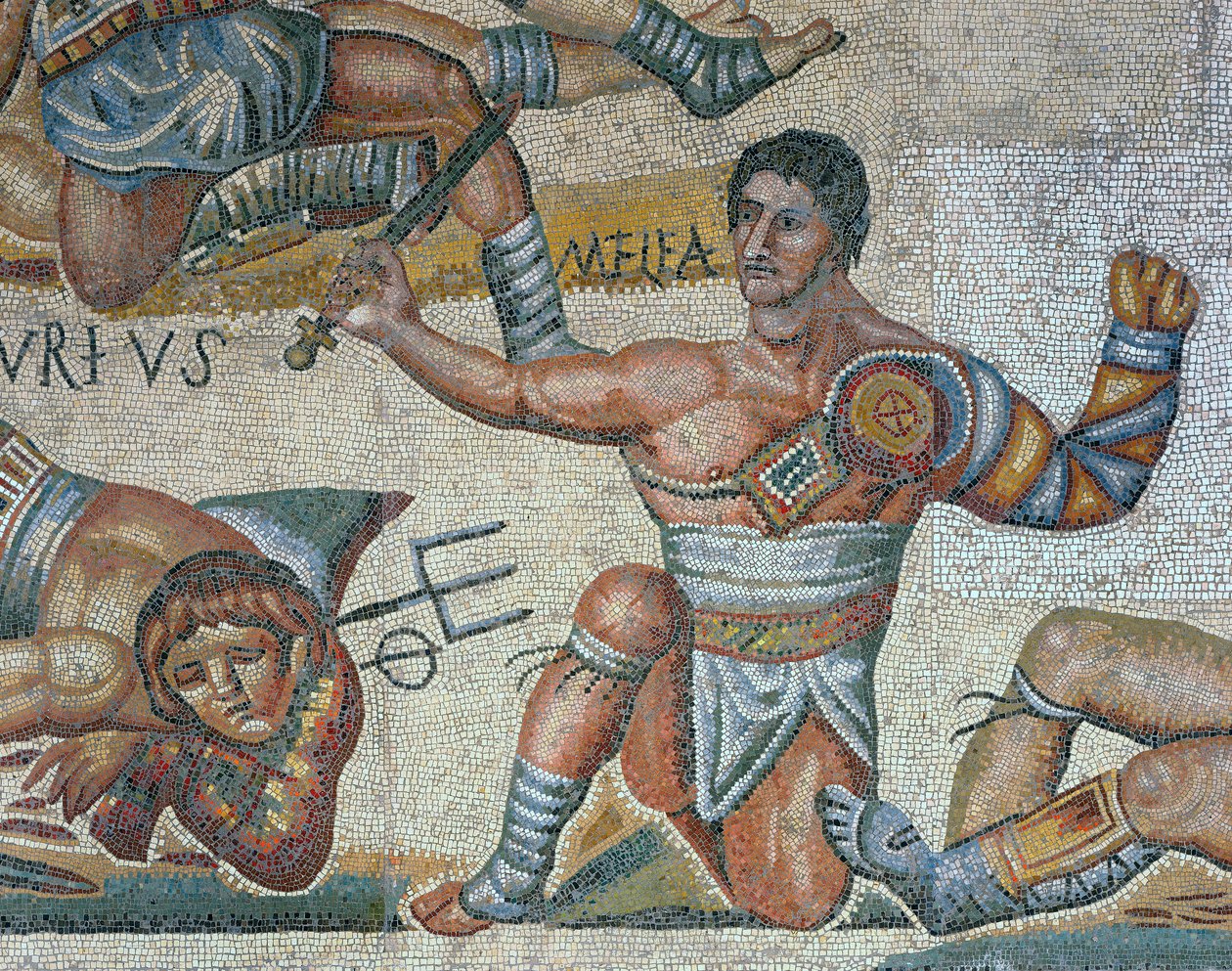 Mosaik som visar en scen med kämpande gladiatorer, detalj av en triumferande gladiator av Roman Roman