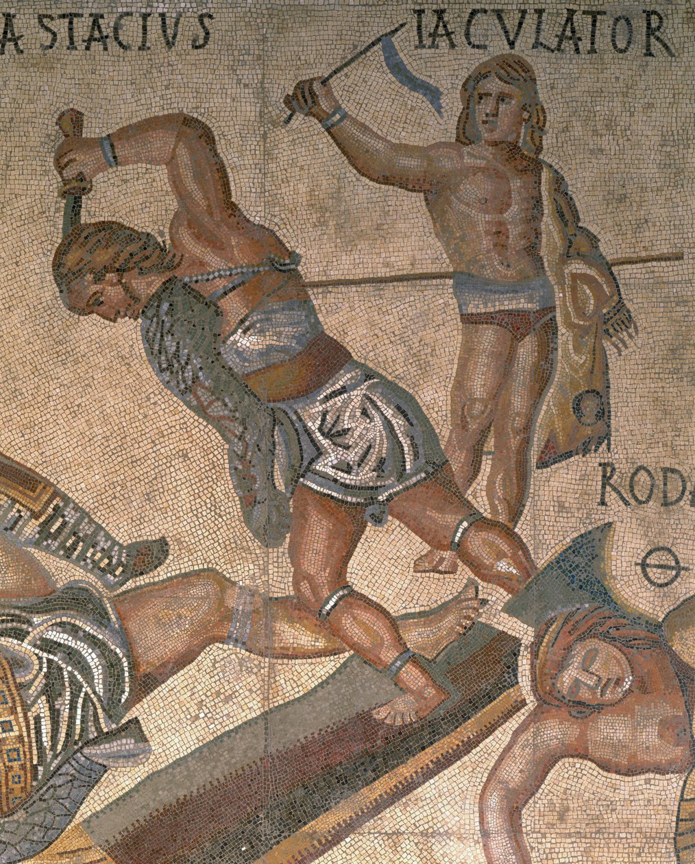 Mosaik med en scen av kämpande gladiatorer, detalj av en gladiator klädd i rustningar av Roman Roman