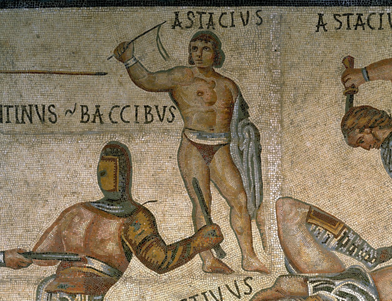 Mosaik med en scen av kämpande gladiatorer, detalj av en gladiator klädd i rustningar av Roman Roman