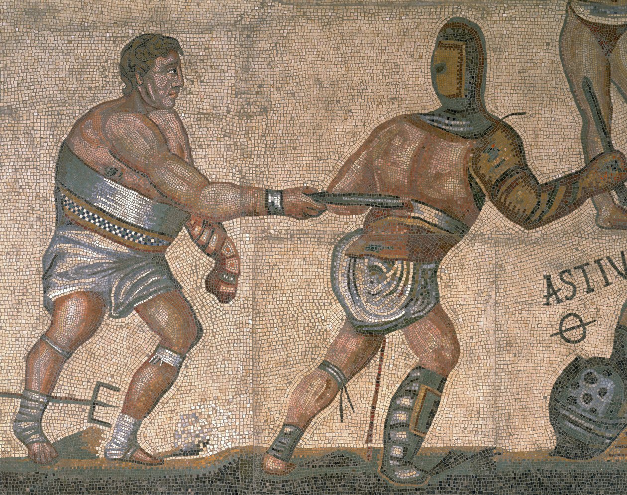 Mosaik med en scen av kämpande gladiatorer, detalj av en gladiator klädd i rustningar av Roman Roman
