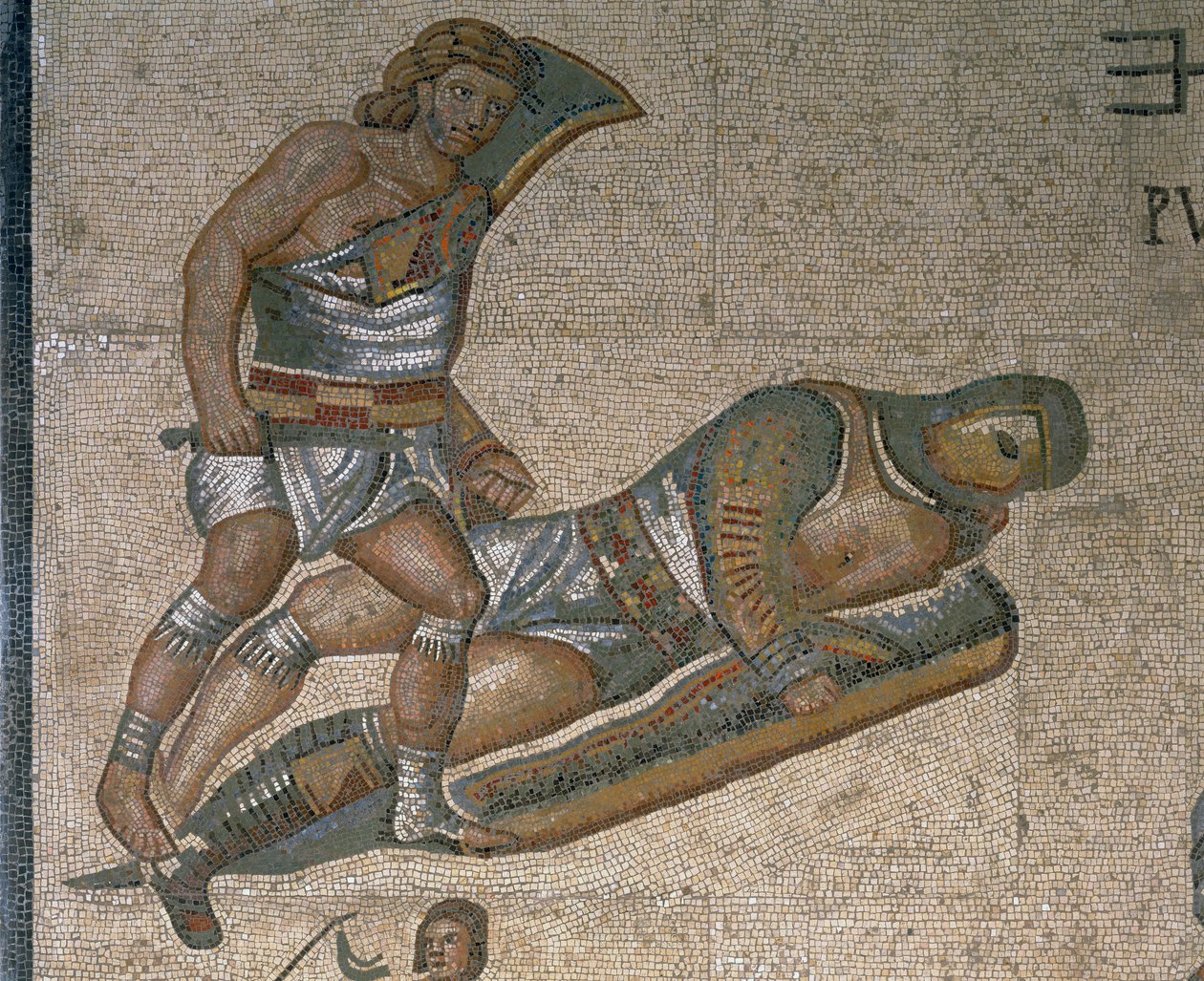 Mosaik med en scen av kämpande gladiatorer, detalj av en gladiator klädd i rustningar av Roman Roman