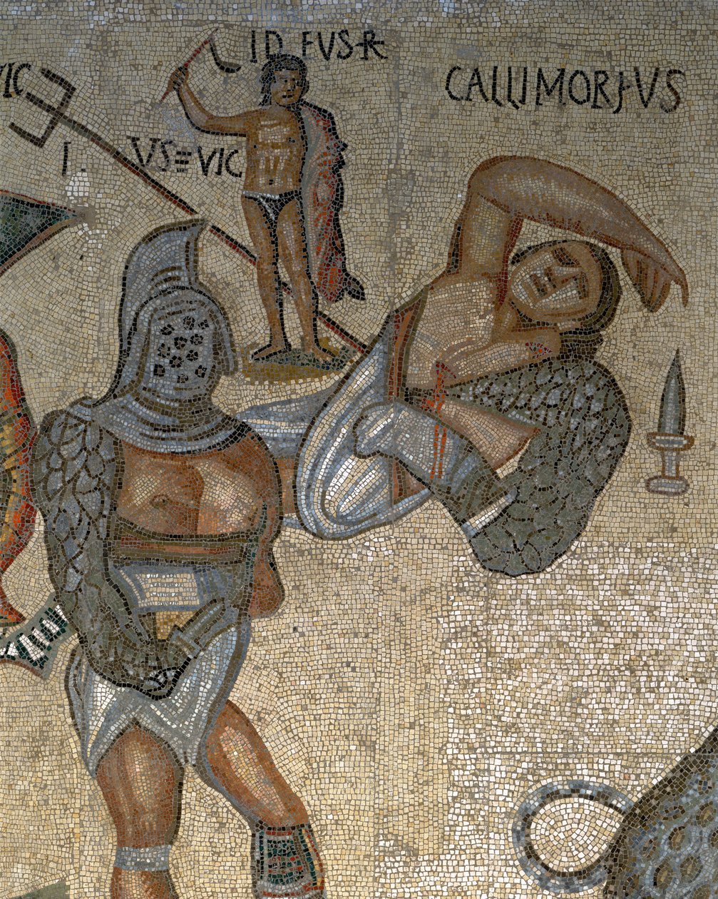 Mosaik med en scen av kämpande gladiatorer, detalj av en gladiator klädd i rustningar av Roman Roman