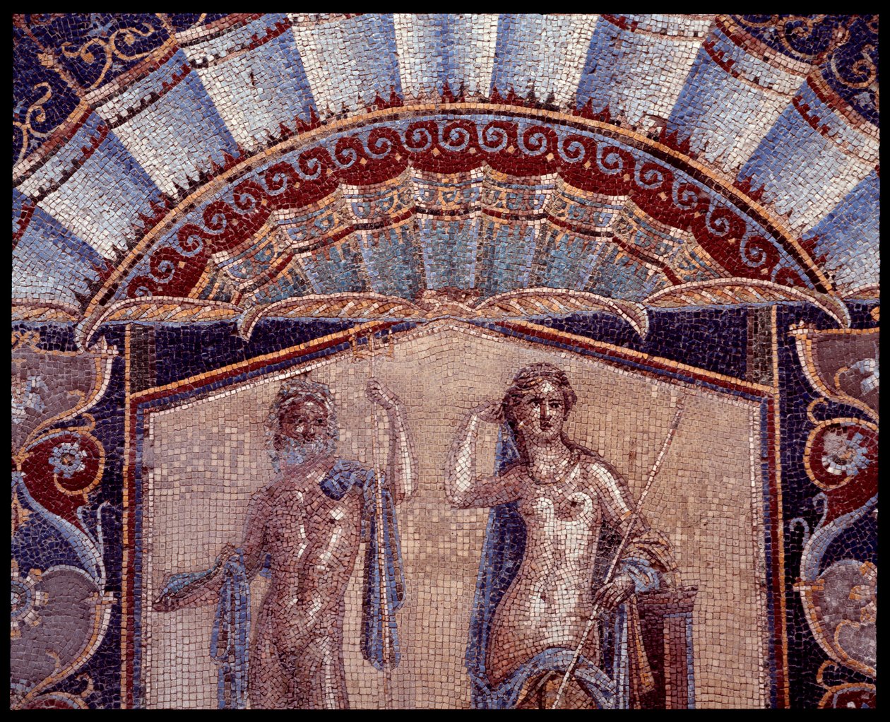 Neptunus och Amfitrit. Detalj av en väggmosaik från triclinium i casa di Nettuno e Anfitrite, 500-talet f.Kr.-1:a århundradet e.Kr. av Roman Roman