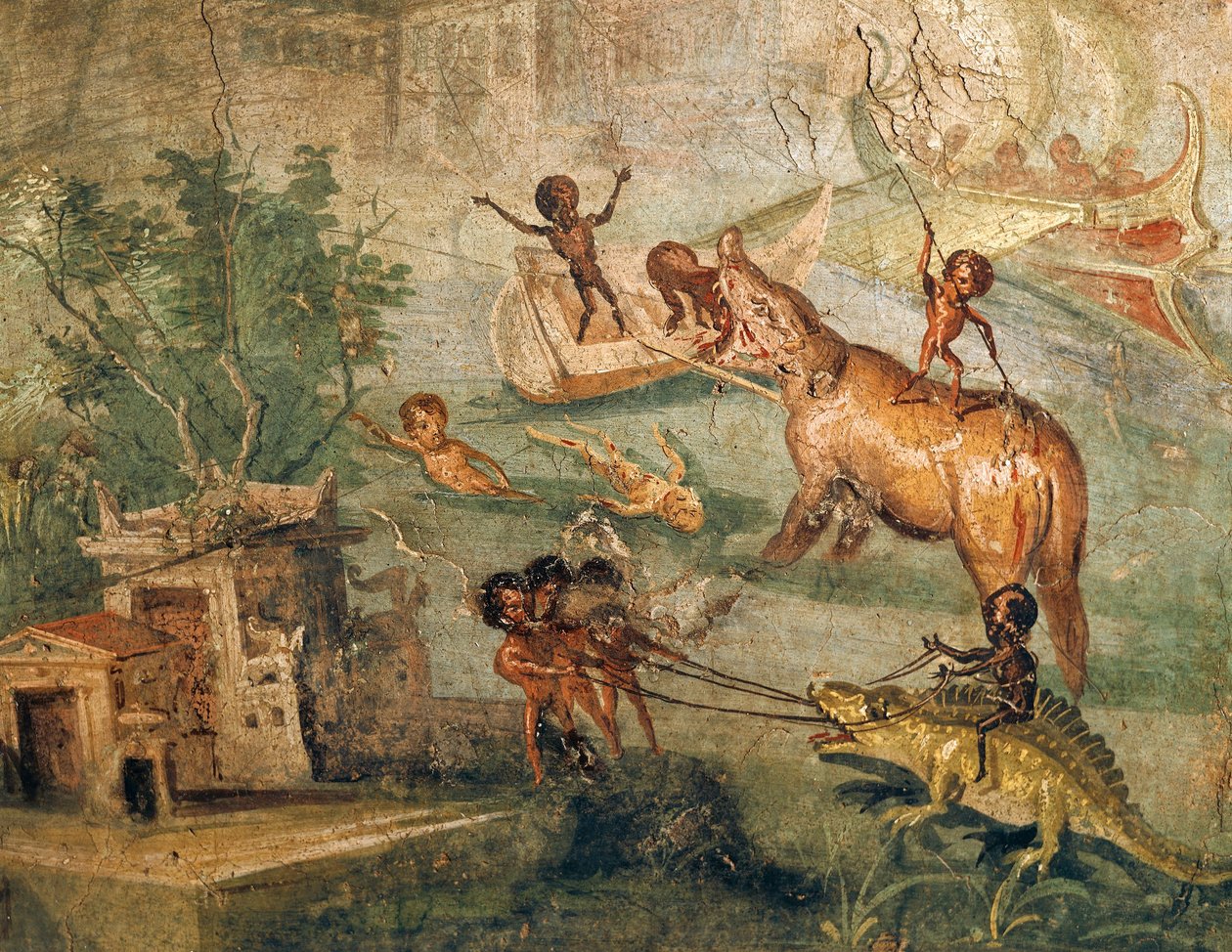 Nilotiskt landskap med pygméer, från House of Physician, Pompeji av Roman Roman