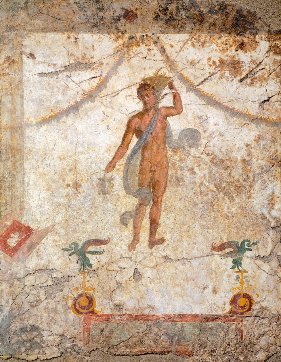 Målning i den fjärde pompeianska stilen föreställande ett geni med en korg och situla av Roman Roman