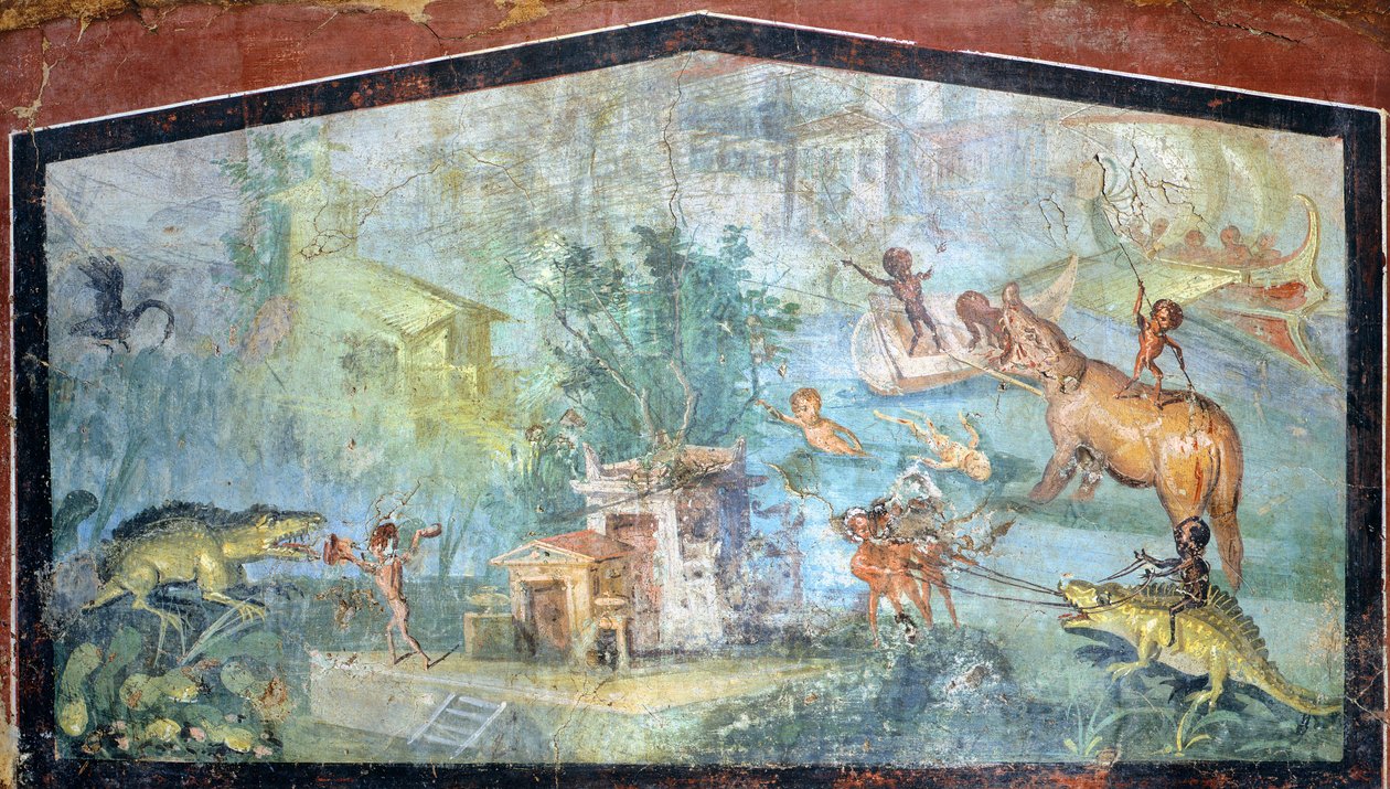 Målning på gips föreställande en nilotisk scen med pygméer som attackerar krokodiler och flodhästar, 75x127 cm, från Pompeji (UNESCO:s världsarvslista av Roman Roman
