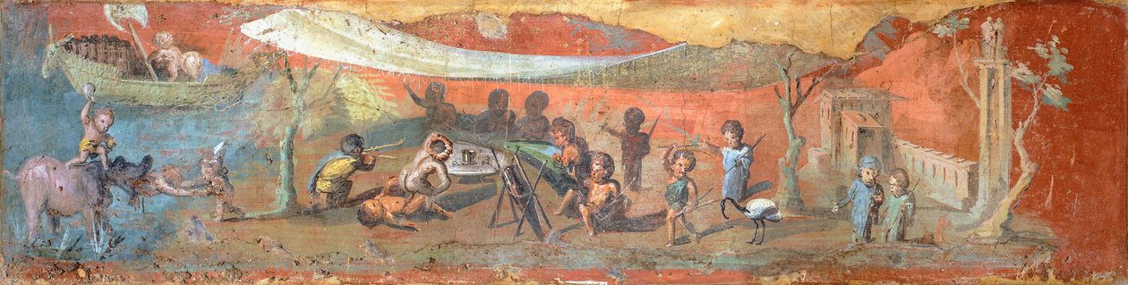 Målning på gips föreställande en scen längs Nilen med pygméer, 56x217 cm, från Pompeji (UNESCOs världsarvslista av Roman Roman