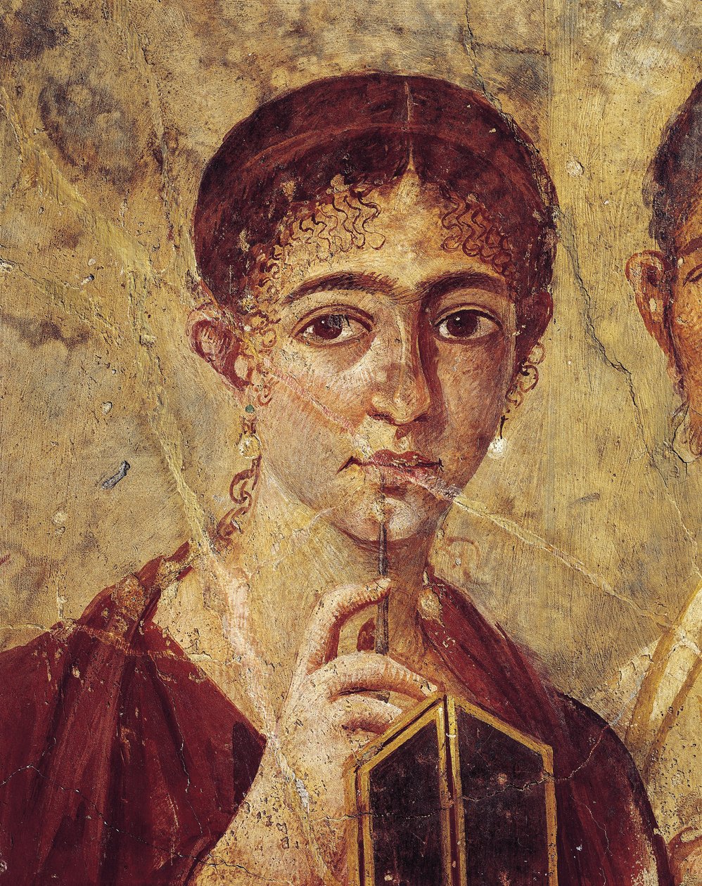 Porträtt av bagaren Terentius Neo och hans hustru i högtidskläder, detalj av hustrun med pennan och diptyk öppen från Italien, Kampanien, Pompeji, 55-79 e.Kr., målning på gips av Roman Roman