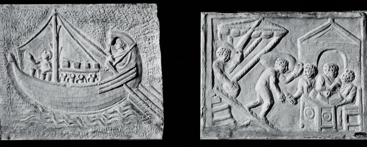 Relief som visar ett handelsfartyg (Museo Nazionale, Rom) och relief som visar lossningen av ett fartyg (Museo Torlonia, Rom) 3:e eller 4:e århundradet (sten) (s/v foto) av Roman Roman