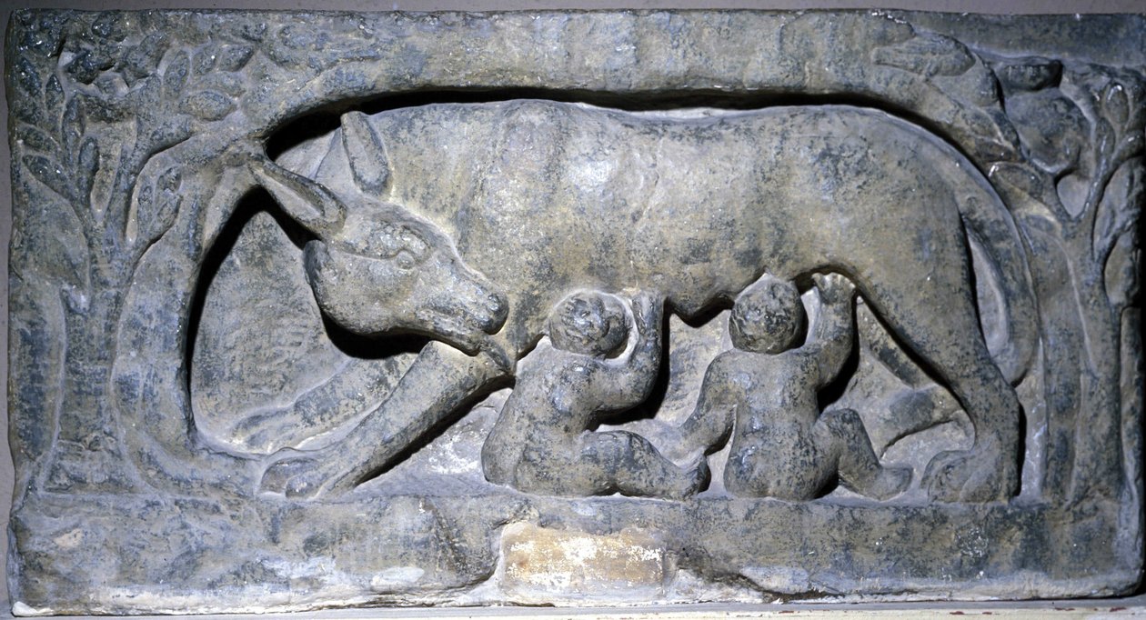 Relief i kalksten av Lupercal (namnet på en grotta i Rom): varg med Romulus och Remus, Avenches Museum. av Roman Roman