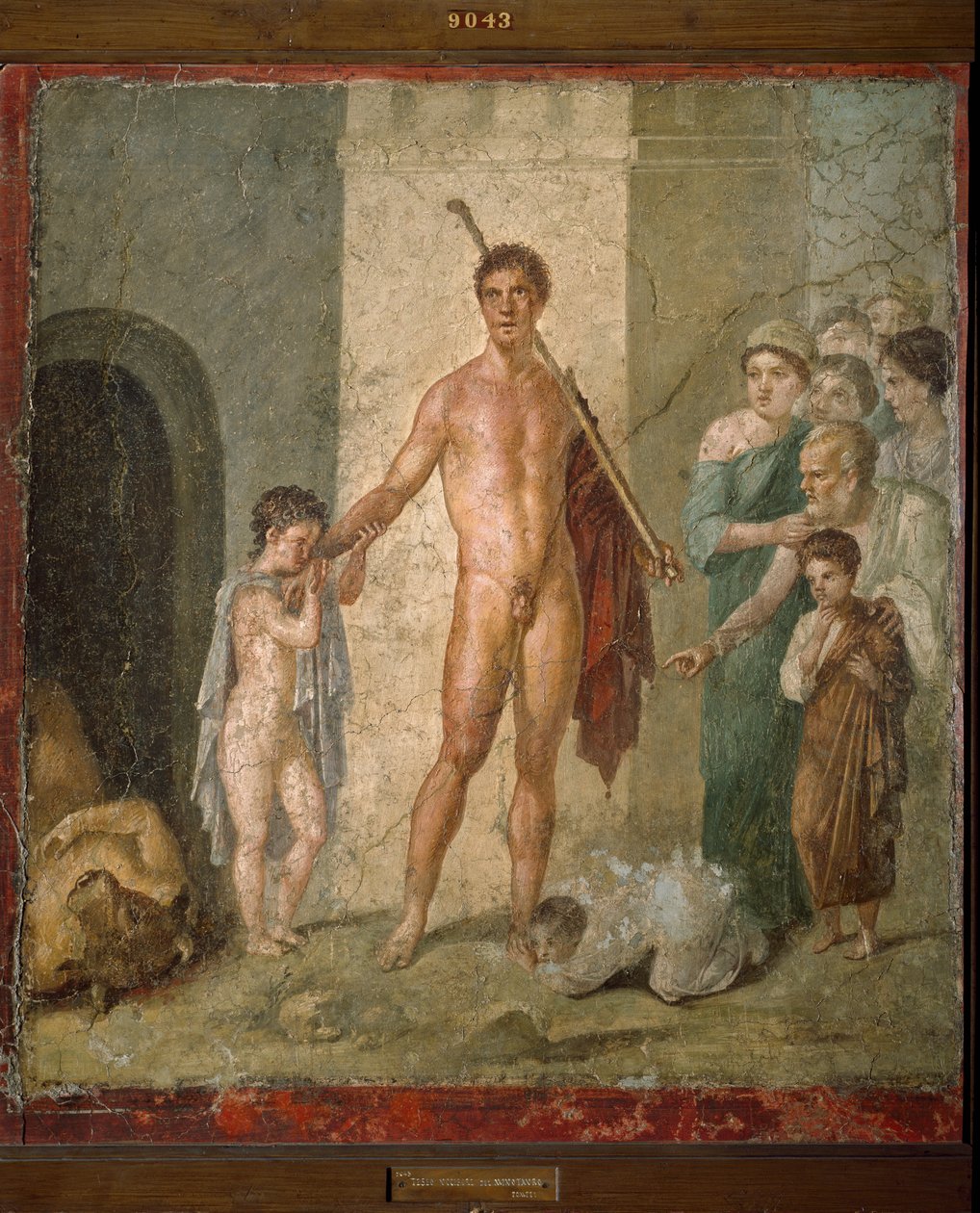 Representation av Thesee, hjältarna i den grekiska mytologin, som befriar de sju unga männen från labyrinten efter minotaurens triumf. Fresk från Villa de Gavius Rufus i Pompei. Dämpa. 88x97 cm Neapels arkeologiska museum - romersk konst: representation o av Roman Roman