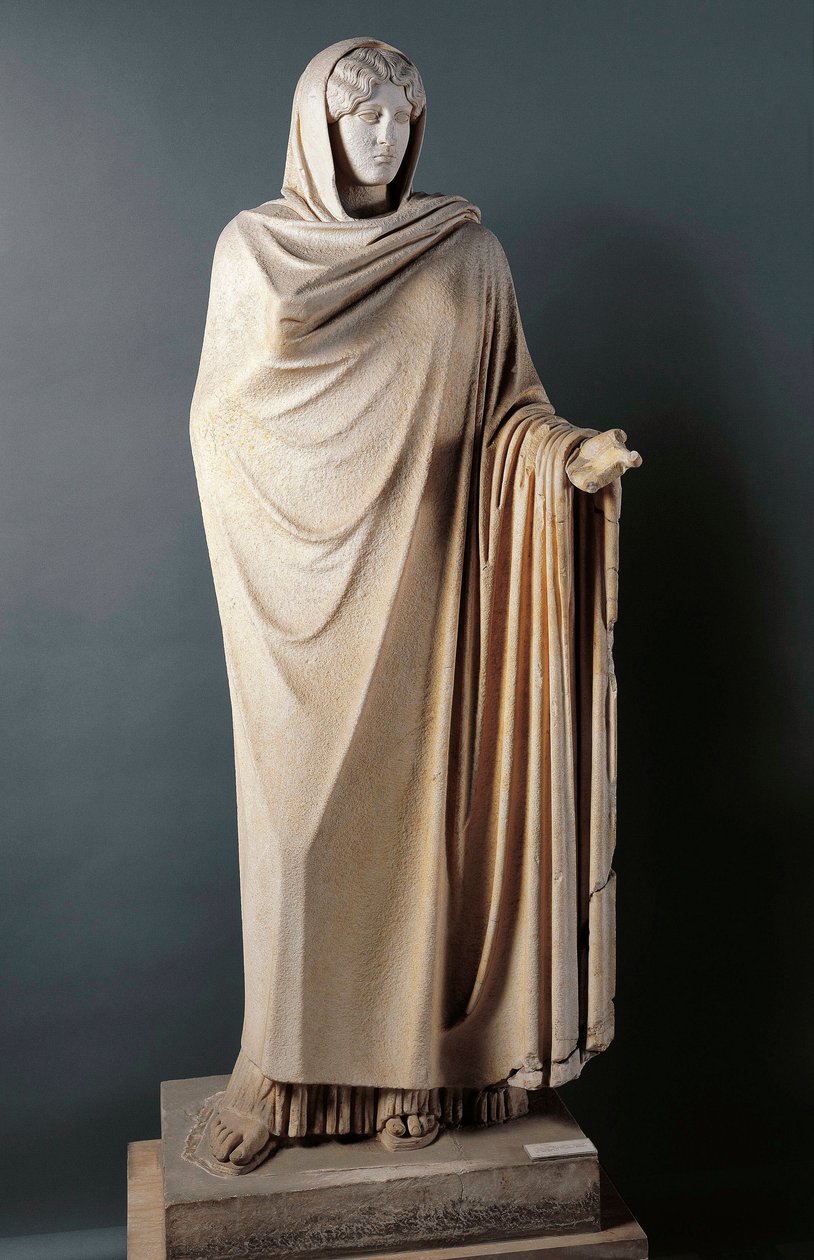 Romersk konst: "" Aphrodite Sosandra"" Marmorskulptur från 1:a århundradet efter ett grekiskt original av Calamis (Kalamis) från 500-talet f.Kr. Disouverte a Berries (Baia), Italien. Neapel, Museo Archeologico Nazionale av Roman Roman