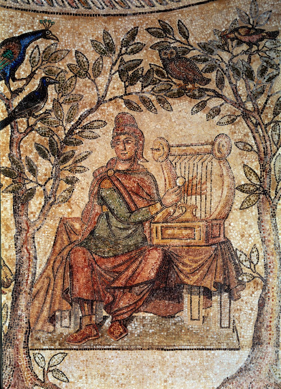 Romersk konst: Orphee charmiga fåglar. Mosaik från Blanzy-les-Fisms. Lyon, Museum of Fine Arts av Roman Roman