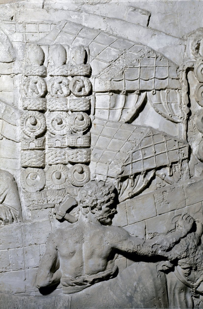 Romersk konst: "" romerskt läger"" Mögel från 1862 som återger basrelieferna av Trajanus kolumn (kolonn Trajanus) (Colonna Traiana) i Rom byggd under kejsar Trajanus regeringstid (53-117). Trajane-kolumnen firar minnet av de segerrika kampanjerna av Roman Roman