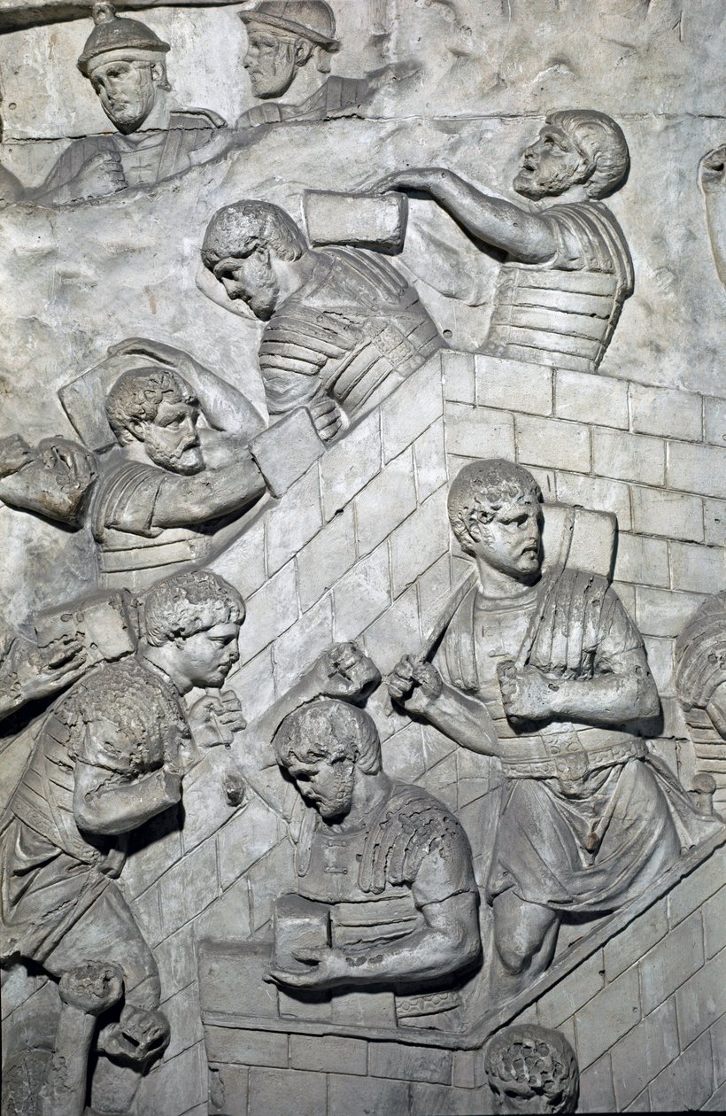 Romersk konst: "" konstruktion av ett fort i det romerska lägret"" Form från 1862 som återger basrelieferna av kolonn Trajanus (kolonn Trajanus) (Colonna Traiana) i Rom byggd under kejsar Trajanus (53-117) regeringstid. . Trajane-kolonnen firar t av Roman Roman