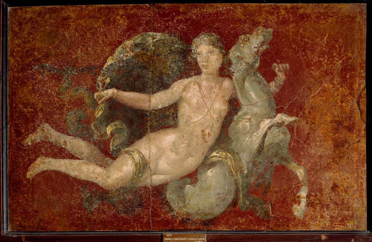 Romersk konst: en kvinna som rider på en sjöhäst. Fresk från Stabia. Neapel, Museo Archeologico Nazionale - Romersk konst: en kvinna som rider på en sjöhäst. Fresk från Stabia. Nationella arkeologiska museet, Neapel, Italien av Roman Roman