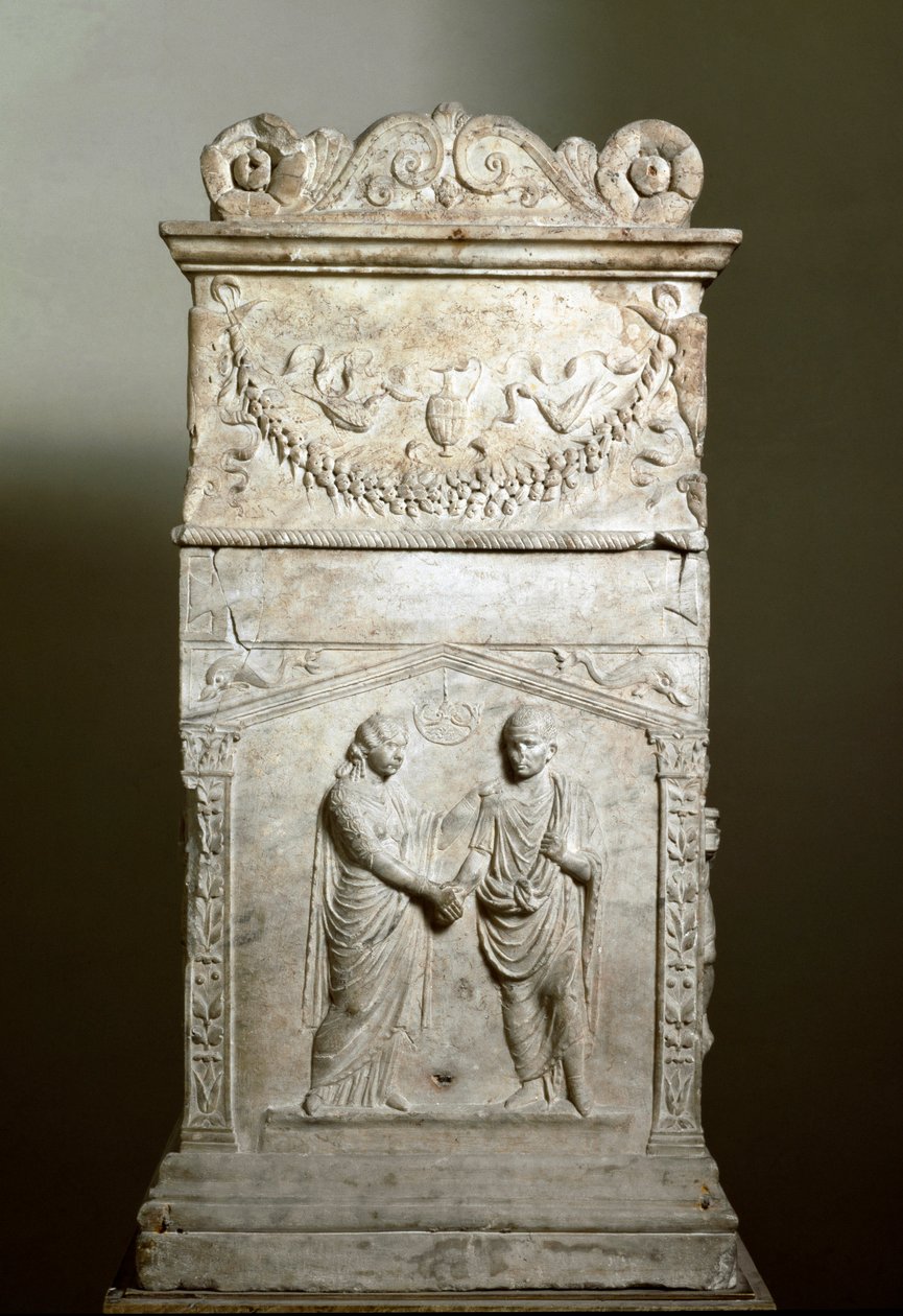 Romersk konst: begravningsaltare som dekorerar scenen för ett bröllop (Junctio dextrarum) - Låg relief - Rom, Museo Nazionale Romano - Äktenskapshandslag (Junctio dextrarum) - Marmorrelief, romersk konst, från ett gift pars begravningsaltare - Rom, Museo N av Roman Roman
