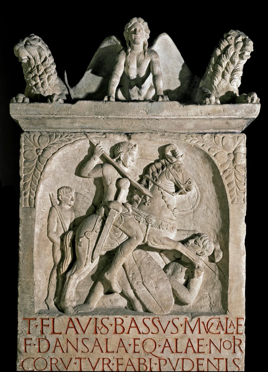 Romersk konst: begravningsstele för aristokraten och den romerske politikern Flavius Bassus Herculanus (känd omkring 449-452) 500-talet e.Kr. Rom, Museo della Civilta Romana av Roman Roman