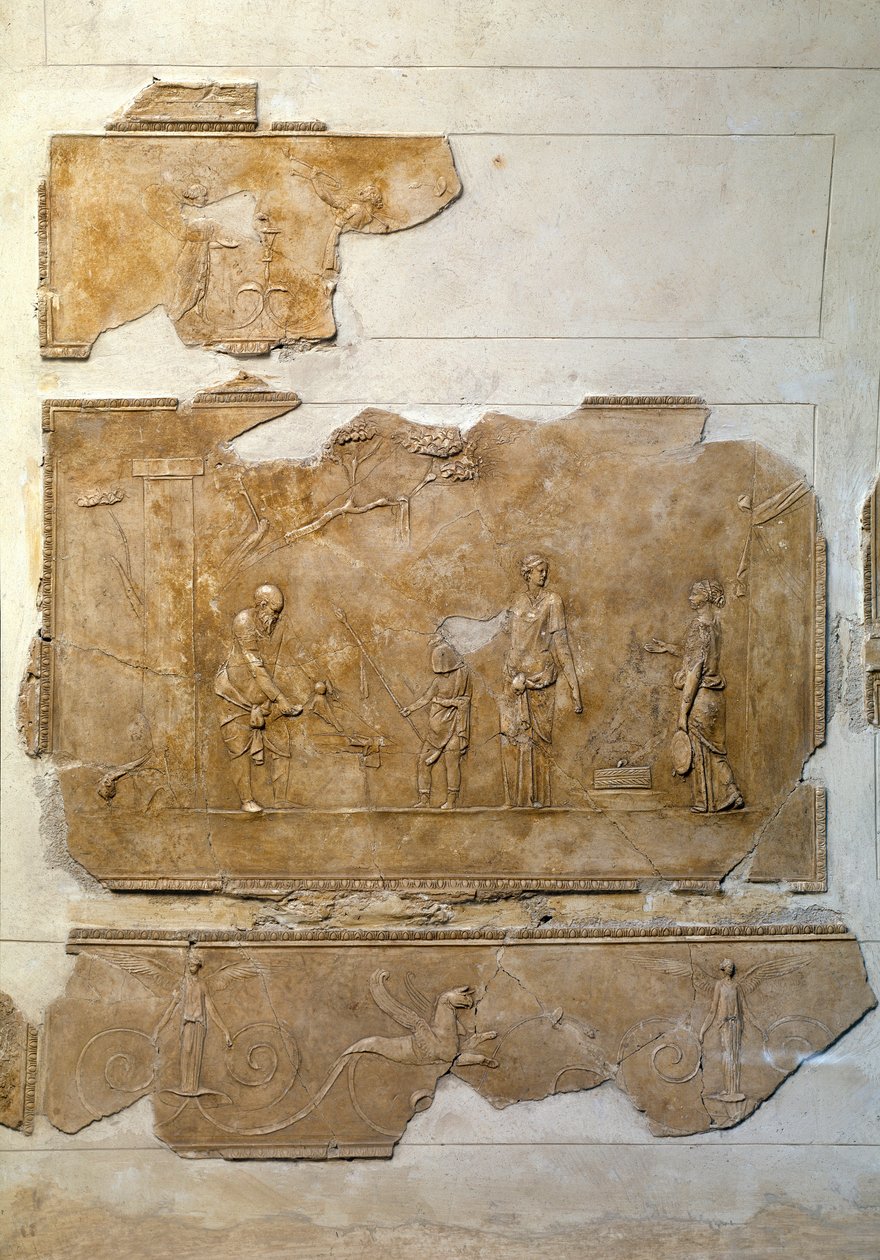 Roman Art: Initiation to the Mysteres of Dionysus: Celebration of Dionysian Rituals. Låg relief kommer från området Villa Farnesina. Rom, National Roman Museum (av Terme) av Roman Roman